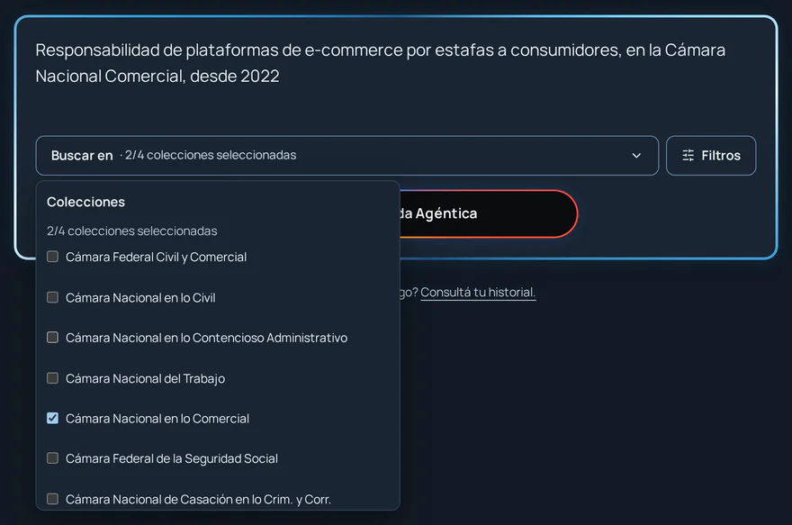 Lista de colecciones desplegada, con dos tribunales marcados.