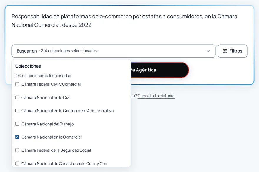 Lista de colecciones desplegada, con dos tribunales marcados.