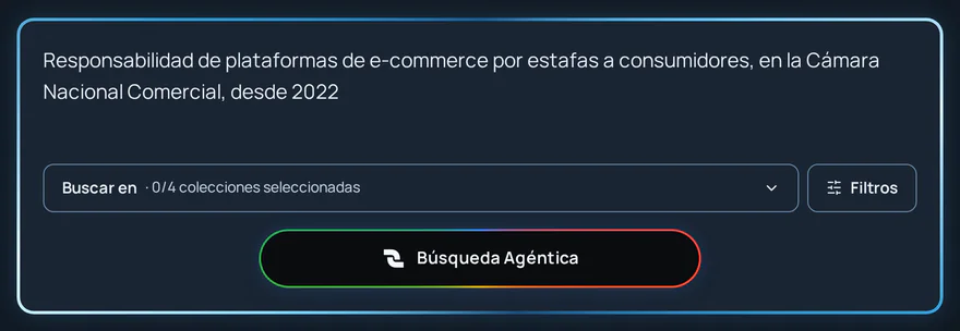Buscador de DoctIA con una consulta sobre responsabilidad de plataformas de comercio electrónico.