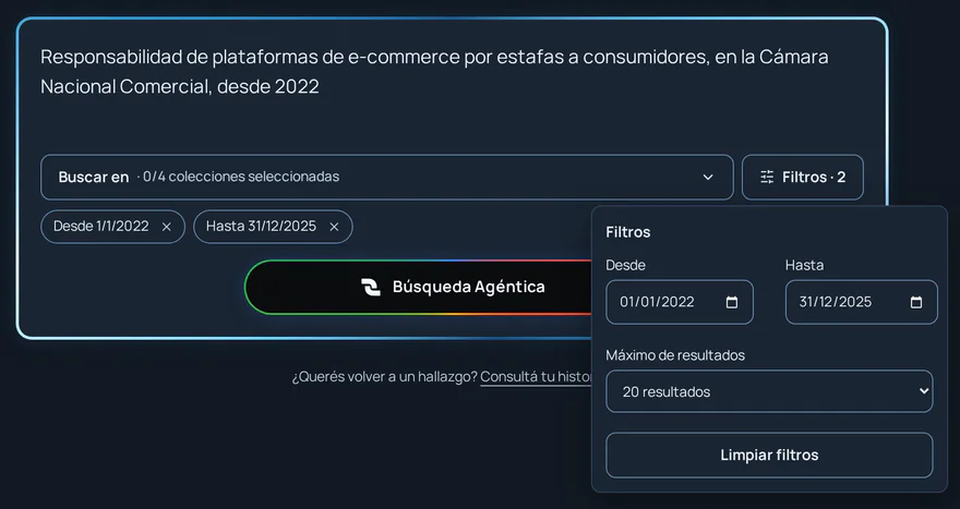 Panel de filtros con fechas desde y hasta y el máximo de resultados.