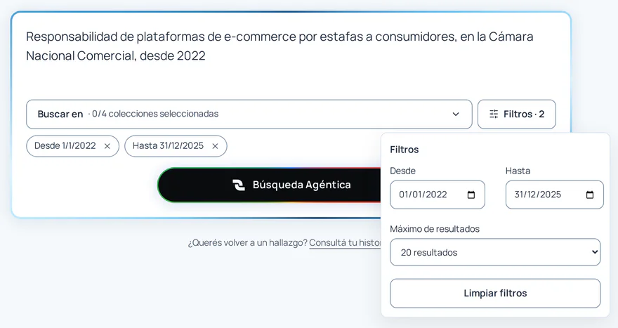 Panel de filtros con fechas desde y hasta y el máximo de resultados.
