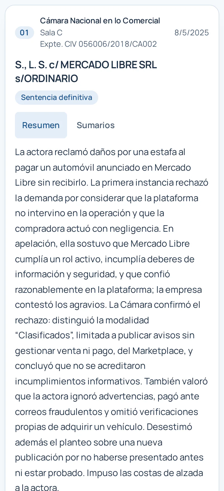 Tarjeta de un fallo de la Cámara Nacional en lo Comercial con su resumen, el motivo de relevancia y las acciones.