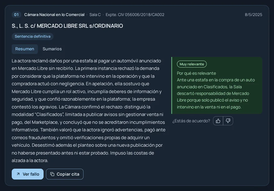 Tarjeta de un fallo de la Cámara Nacional en lo Comercial con su resumen, el motivo de relevancia y las acciones.