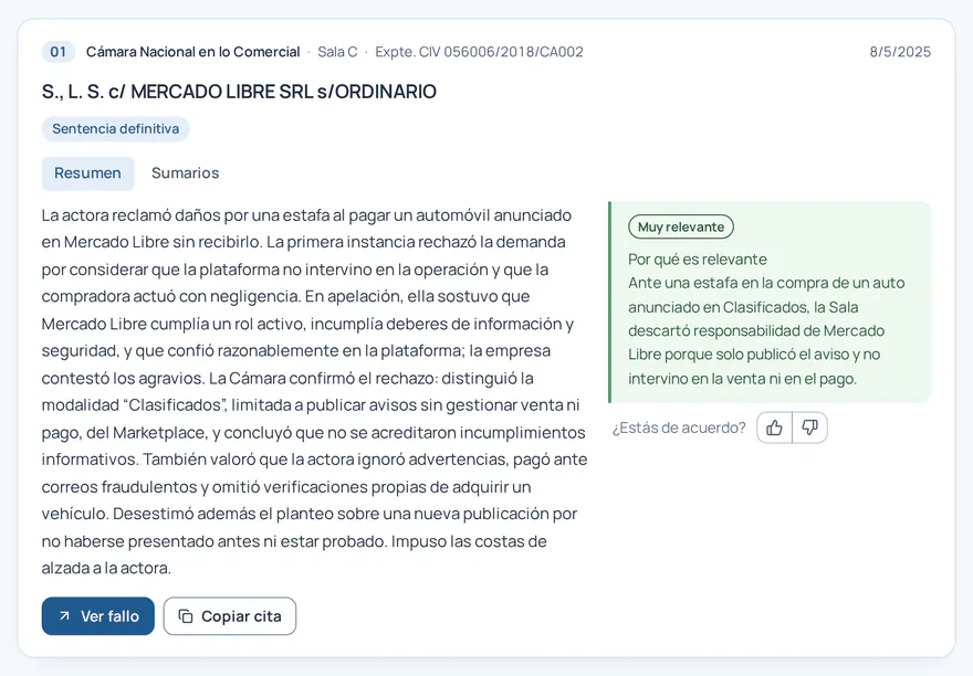 Tarjeta de un fallo de la Cámara Nacional en lo Comercial con su resumen, el motivo de relevancia y las acciones.