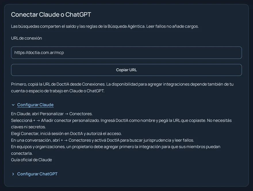 Pantalla Conexiones con la URL de conexión y los pasos para configurar Claude.
