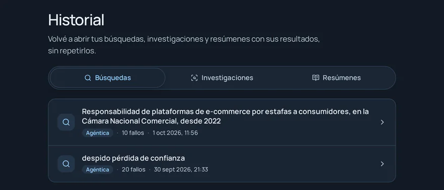 Historial con pestañas de búsquedas, investigaciones y resúmenes y dos búsquedas guardadas.