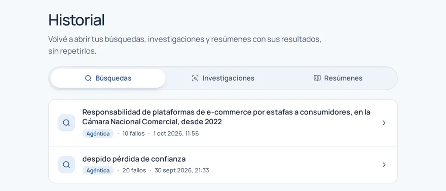 Historial con pestañas de búsquedas, investigaciones y resúmenes y dos búsquedas guardadas.