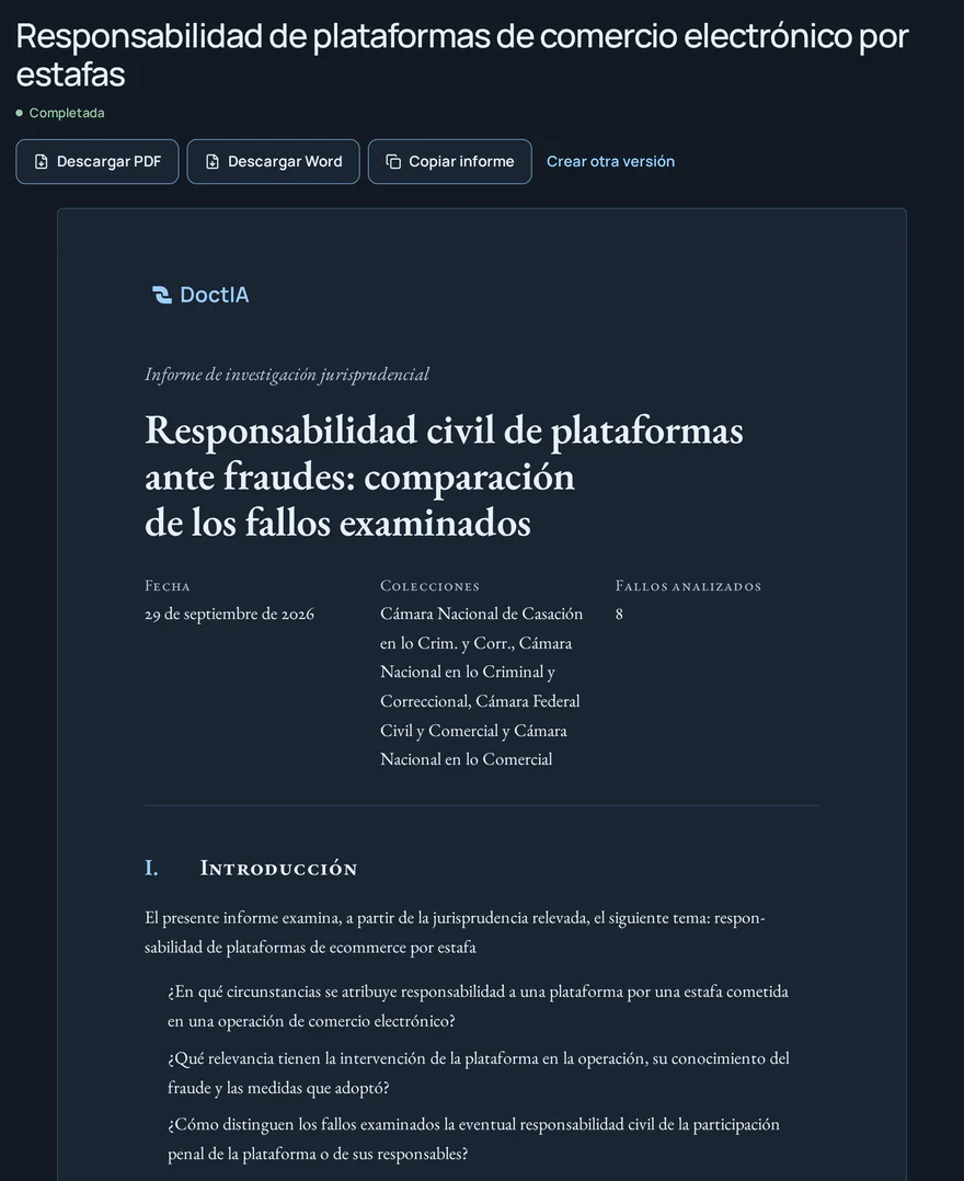 Informe de investigación jurisprudencial con botones para descargar en PDF y Word.
