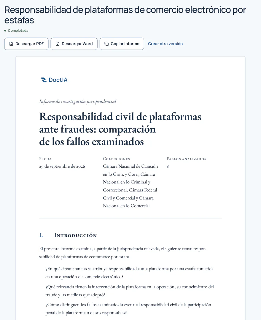 Informe de investigación jurisprudencial con botones para descargar en PDF y Word.