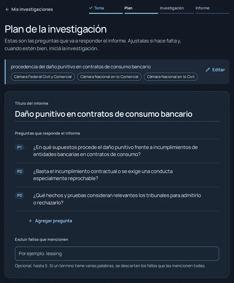 Plan de una investigación sobre daño punitivo con tres preguntas editables.