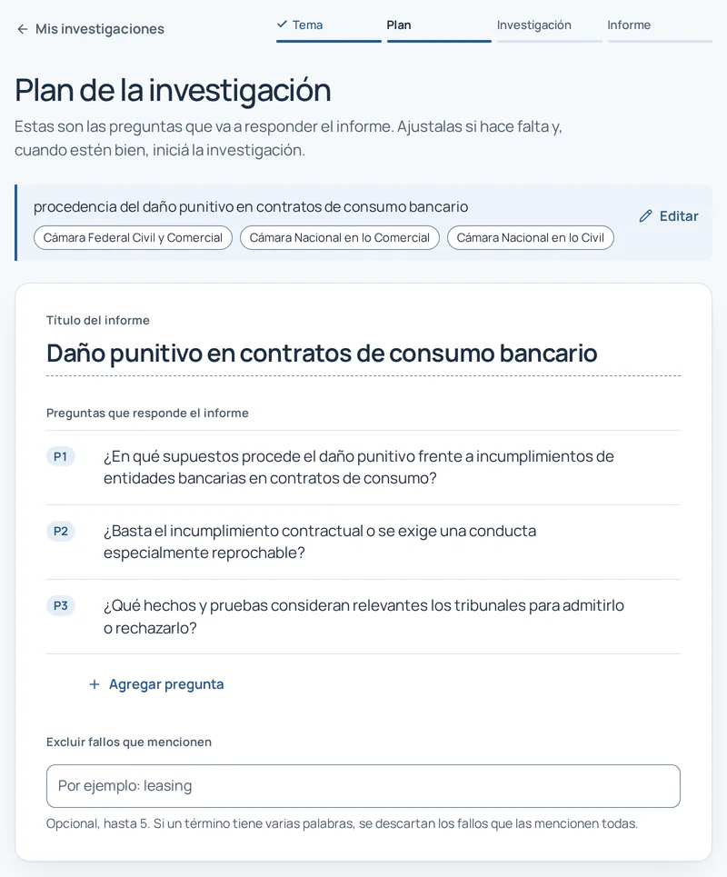 Plan de una investigación sobre daño punitivo con tres preguntas editables.