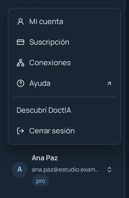 Menú de cuenta con Mi cuenta, Suscripción, Conexiones, Ayuda y Descubrí DoctIA.
