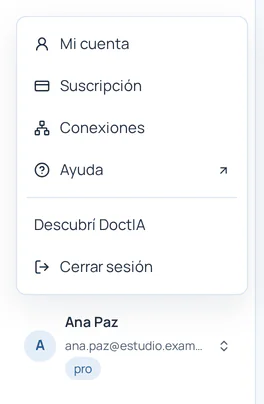 Menú de cuenta con Mi cuenta, Suscripción, Conexiones, Ayuda y Descubrí DoctIA.